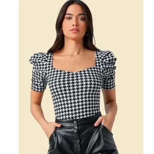 Casual Polyester Blend SweetHeart Neck And Puff Sleeves Stylish Printed Top (23"