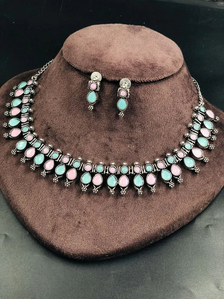Sammaya mint and pink Multicolor Stone Necklace Set Brass Material Necklace Set
