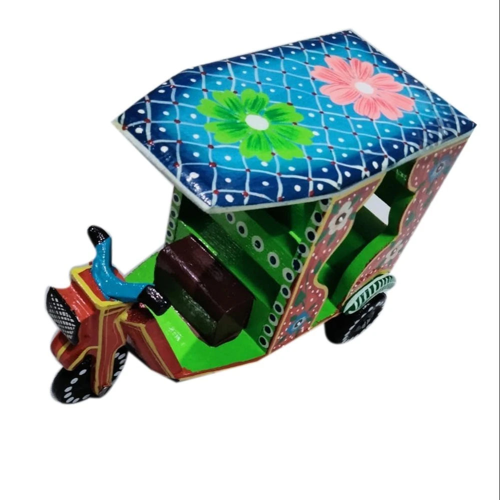 Blue And Green Handicraft Wooden E-Rickshaw toy, For Decoration, Size: 7 X 4 X 5