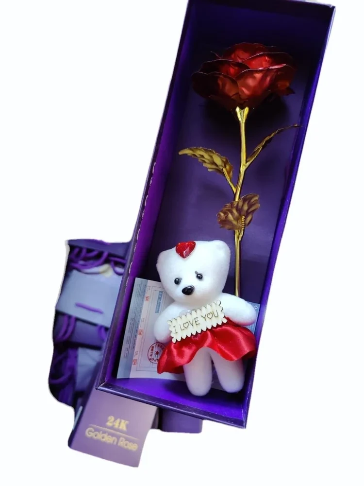 24k Valentine Red/Gold Plated Rose With Teddy